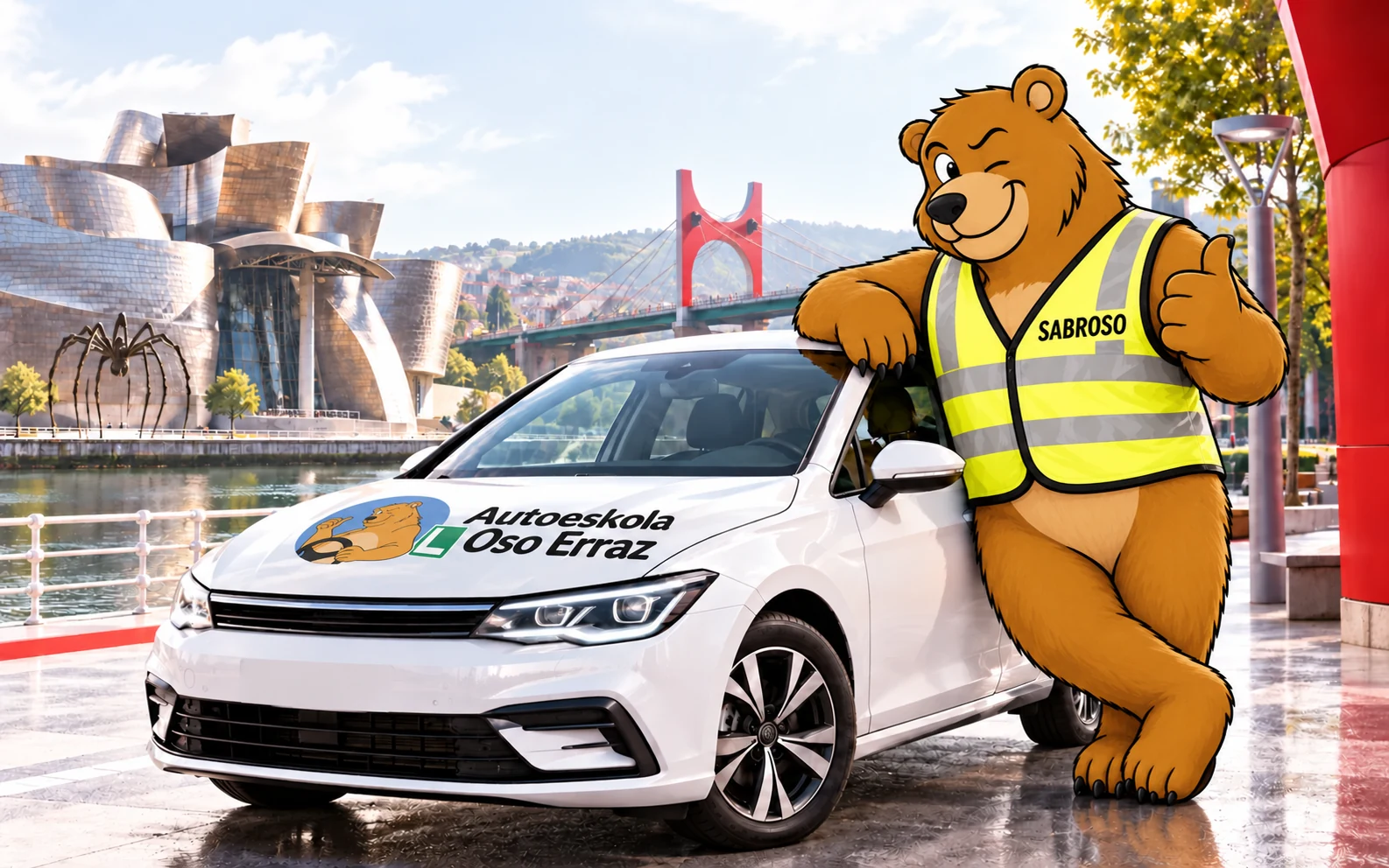 Sabroso junto al coche de Autoeskola Oso Erraz en Bilbao